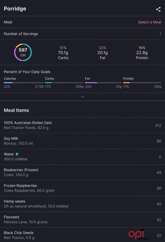 My Fitness Pal macros screenshot of Oat Meal Porriage, Berries and Nuts