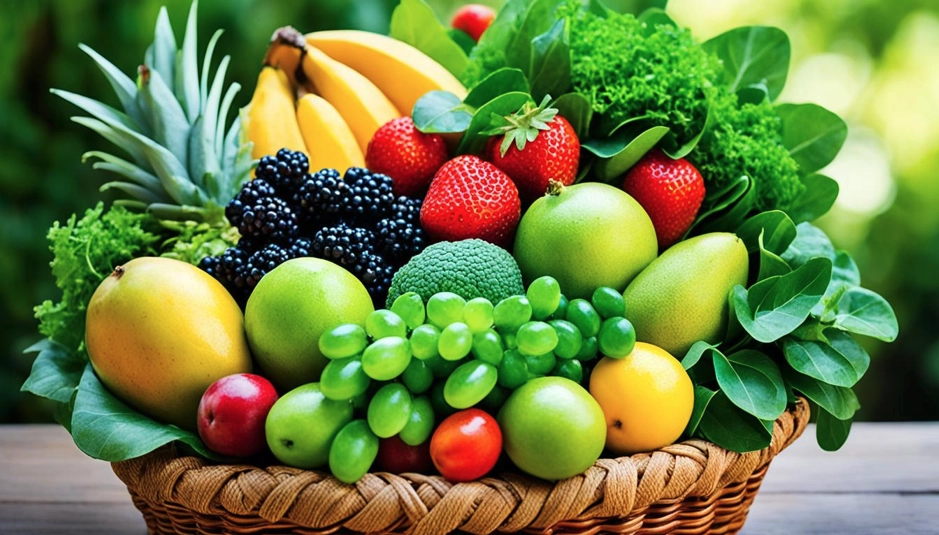 A colorful array of fresh, leafy greens and ripe, juicy fruits piled high in a woven basket. The greens should be vibrant shades of emerald, jade, and forest green, while the fruits should include options like plump berries, sweet mangoes, and tangy citrus. The image should evoke a sense of health and vitality, with a focus on the natural beauty of the ingredients