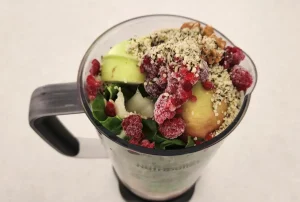 Top view of Nutribullet smoothie with hemp and berries